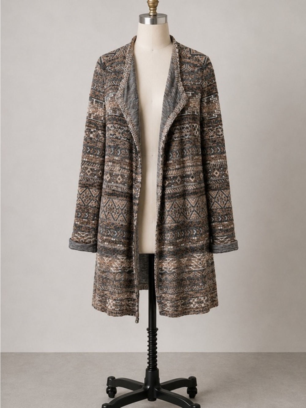 Lucky Brand Southwestern Open Front Cardigan Boho Aztec Longline Sweater